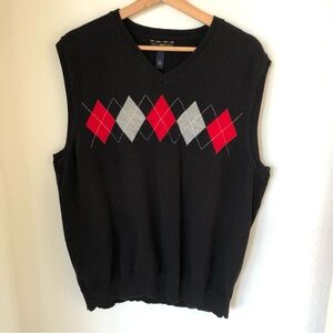 Club Room Men’s Large, Argyle Sweater Vest, Black Red Gray, V Neck, 100% Cotton